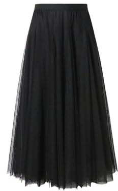 BrightGlow Gonna lunga in tulle da donna, linea A, midi, sottogonna, a strati, a pieghe, gonna in tulle da donna con vita alta, vestito da palco, in rete, tutu, gonne per matrimonio e feste, Nero , M
