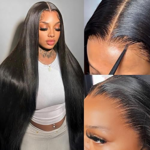 Pizazz 13x6 HD Lace Front Wigs Human Hair Pre Plucked Pre Bleached Pre Cut Glueless Wig Human Hair Upgrade Invisible Drawstring Wig with Tapes Straight 220 Density Ear-to-Ear Frontal Wigs for Women