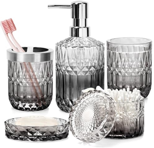 5-teiliges Badezimmer-Set aus Glas, Grau Badezimmer-Deko mit Seifenspender, Zahnbürstenhalter, Wattepad-Halter, Becher, Seifenschale für Waschtisch, Badezimmer