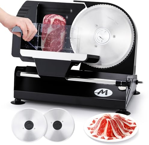 Moongiantgo Electric Meat Slicer 220W, 1-20mm Adjustable Thickness Deli Food Slicer with 2 Removable 7.3 Stainless Steel Blade, Removable Food Platform, Cheese Fruit Bread Slicer for Home,110V