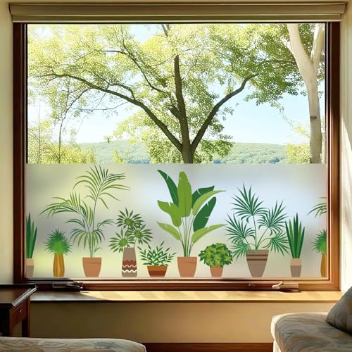 dktie Statisch haftende Fensterfolie, Mattiert Sichtschutzfolie mit Buntem Topfpflanzen-Muster, Anti-UV Blendfreier Sonnenschutz Folie, Fensteraufkleber für Wohnzimmer Küche Büro 44,5x200cm
