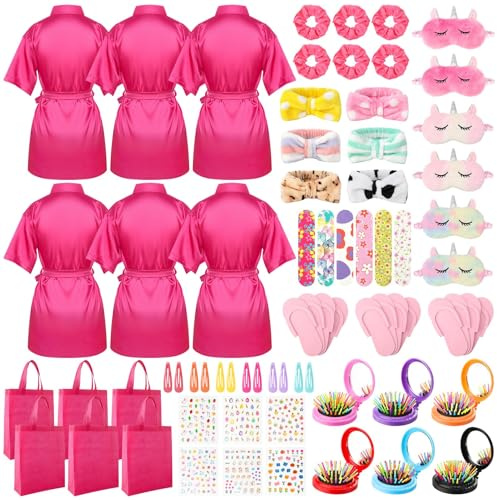 ZhouBoat 60 PCS Spa Party Favors for Girls Sleepover Party Supplies Robes Spa Headband Slippers Nail Files Decals Hair Comb for Girl, (Rose Red,10)