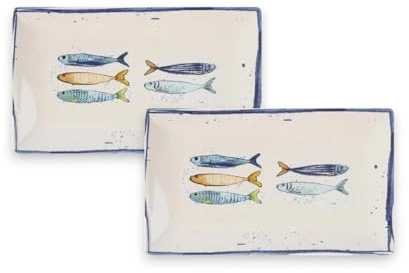 Teller im mediterranen Design mit Sardinen-Motiv | Maritime Speiseteller (26 cm), Suppenteller (21 cm) oder Dessertteller (20 cm) - robust, Steinzeug, glattes Finish (2er Set rechteckig (25 x 15cm))