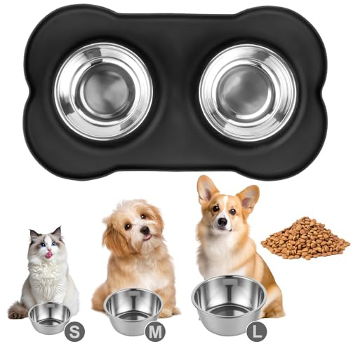 Set di 2 Ciotole per Gatti e Cani, Ciotola per Gatti in Acciaio Inox, Ciotole Gatto, Ciotola Cani per Cibo Secco e Umido, con 1 Tappetino Antiscivolo in Silicone (M 42 x 26 cm)