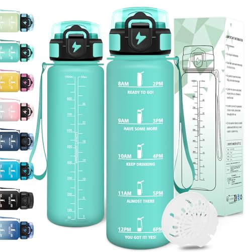 Motswedi Gourde 1l, Anti-Fuite, Gourde Sport, avec Marqueur de Temps, Bouteille d'eau, Réutilisable, Bouteille, Sans BPA, pour Sport, Yoga, Fitness, Randonnée, Bleu Vert 325C