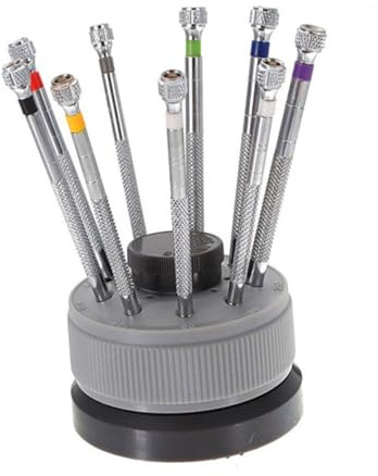 Yardenfun 9 piezas Kit de Reparación Relojes Destornilladores Precisión con Base Giratoria Metálica para Relojeros y Coleccionistas Herramienta Portátil para Abrir y Ajustar Relojes Gafas y