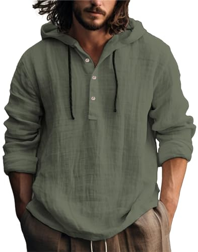 Sudadera con capucha de lino de manga larga para hombre, cuello en V, con botones, estilo casual, talla grande y alta, camisa inspirada en hippie para días relajados, 1d-ag, L