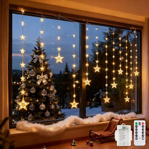 Sunshine smile Lichtervorhang Fenster Weihnachten,3M LED Vorhang Licht Batterie,Lichtervorhang Sterne,Weihnachtsbeleuchtung Fenster,Fenster Lichterkette Sterne,Lichterkette Außen Weihnachten