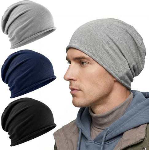 3 Stück Slouchy Beanie Mütze - Chemo Cancer Kopfbedeckung Kopftuch Herren | Chemo Kopfbedeckung Damen, Baumwolle Schlafmütze Turban Strecken Muslimisches Kopftuch für Frauen Männer, Winter & Sommer