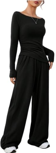 DURINM Ensemble Survêtement Femme 2 Pièces Tenue Survêtement Chic Elegant Sweat à Manche Longue Pour Femmes Soft Manche Longue Top Wide Leg Survêtements Ensemble Jogging