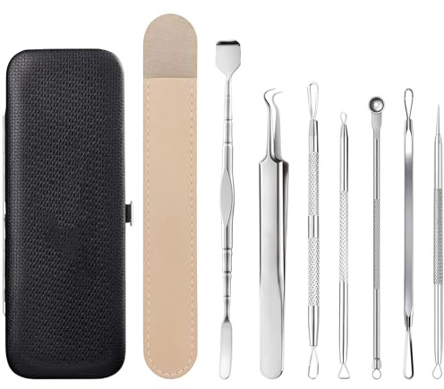 Vesavifaka Set de 6 Extracteurs de points noirs, Outil de compression de comédons, Extracteur d'acné, Kit outil pour le visage et le nez avec étui en cuir