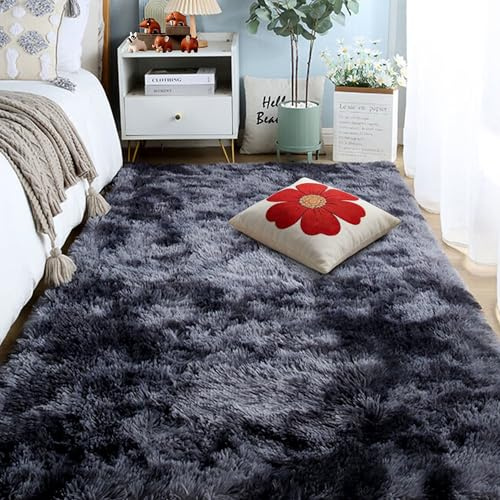 Långhårig Matta 110 x 400 cm Tie Dye Tie Dye Ryamatta Modern för Inomhusbruk, Som Är Fluffig Och Halkfri, Lekmatta för Sovrum, Vardagsrum Och Som Golvmatta, Mörkgrå