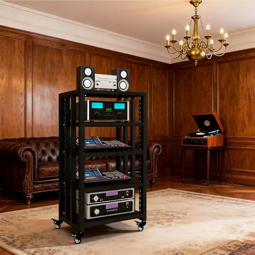 Jidanmian 5-Tier AV Media Stand with Wheels, Modern Stereo Cabinet Receiver Console Shelf, Adjustable Audio Tower for Home/Office/Theater, Record Player, Dvd, TV Box, Game Console Storage