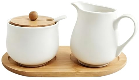 Nimblyne Ensemble de 2 pièces pour lait et sucre avec couvercle et cuillère : pot à lait en porcelaine et sucrier avec plateau en bois, set de lait et sucre de 260 ml, passe au lave-vaisselle et au