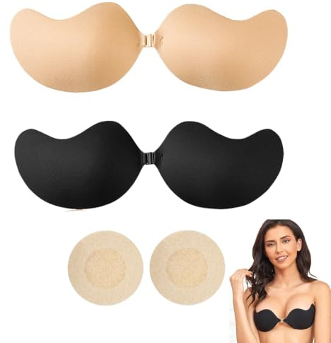 GWEOR 2 Paia Reggiseno Invisibile Push Up e 20 Pezzi Copri Capezzoli Adesivi, Coppe Adesive Seno in Silicone per Schiena Scoperta, Reggiseno Senza Spalline per Abiti da Sera e Cerimonia, Coppa B