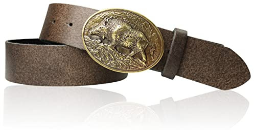FRONHOFER Trachtengürtel Büffelleder 4 cm Breite Wildsau Messingschnalle 7,5 x 6 cm Druckknopfsystem Größen 95-125 Made in Germany Landhausmode Jagd