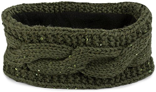 styleBREAKER Damen Stirnband Grobstrick Pailletten Fleece 56cm, Oliv | Strick Haarband. Viskose. Thermo Futter. elastisch. Bundweite 23cm. Breite 8.5cm. winterfest. weiche Haptik.