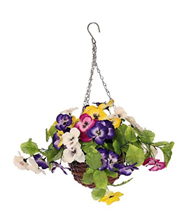 Oypla Artificial Garden Hanging Wicker Basket with Multicoloured Pansy Flowers