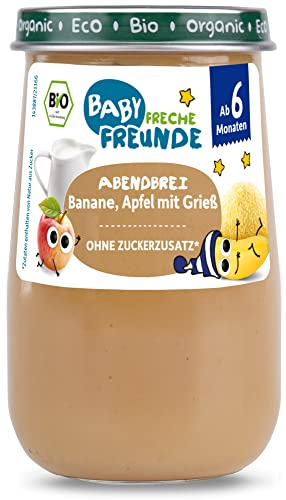 BABY FRECHE FREUNDE Bio Gläschen Abendbrei Banane, Apfel mit Grieß für Babys ab 6 Monaten, ohne Zuckerzusatz, 6 x 190g