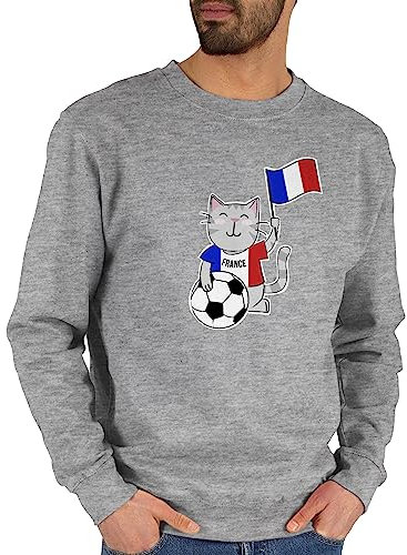 Shirtracer Sweater Pullover Sweatshirt Herren Damen - EM WM - Fußball Katze Frankreich - L - Grau meliert - Europameisterschaft Fussball Pulli fu Ball männer em- Fanartikel em24 Fussball-wm fußballer
