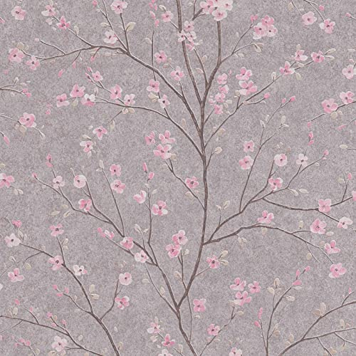 Papier peint japonais gris & rose intissé | Tapisserie fleurie grise & rose chambre adulte | Papier peint fleur de cerisier couloir