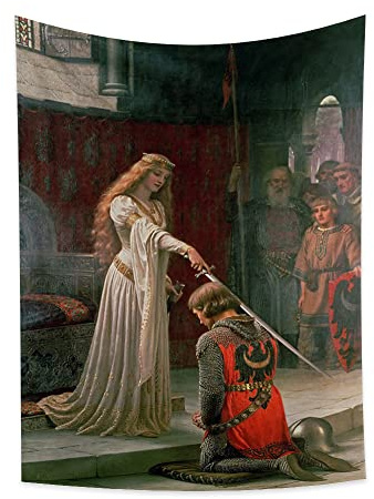 YongFoto 150x210cm Ritter Ölgemälde Wandteppich, Mittelalter England Vintage Leighton Wandteppich königlicher Adel Königin Prinzessin Prinz Kavalier Schwert Kunstdekor für Schule Bibliothek Wohnzimmer
