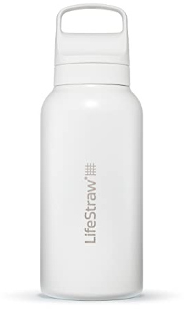 LifeStraw Go Series — Insulated Stainless Steel Water Filter Bottle for Travel and Everyday Use Removes Bacteria, Parasites and Microplastics, Improves Taste, 1L Polar White