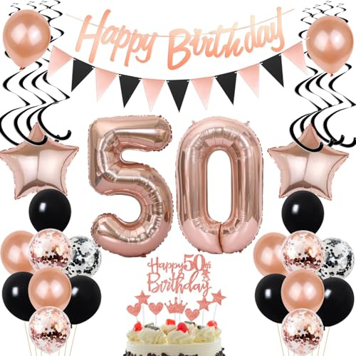 Ballons 50 Ans Anniversaire Femme - Décoration de Gâteau Noir et Rose - Topper de Guirlande 50 Ans Anniversaire Femme