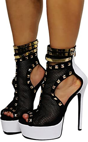 High Heels Damen Plateau Sandalen mit Nieten Sexy Offene Zehen Pumps Schuhe für Party Event Nachtkleid 15cm,White,43
