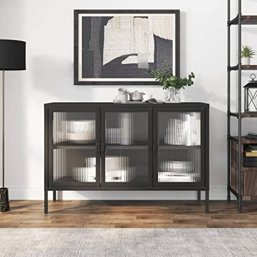 ADWOA Sideboard Schwarz 105x35x70 cm Sammlervitrine BüCherschrank Schwarz Glas und Stahl
