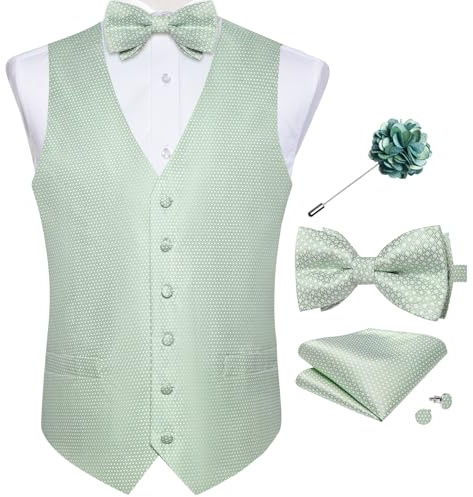 DiBanGu Herren-Paisley-Anzugweste, Seidenkleid, Weste und Fliege, Einstecktuch, Manschettenknöpfe mit Anstecknadel, Set für Hochzeits-Smoking, Salbeigrün gepunktet, XX-Large