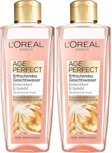 L'Oréal Paris Gesichtsreinigung, Erfrischendes Gesichtswasser zur Reinigung und Pflege, Für reife Haut, Age Perfect, 1 x 200 ml (Packung mit 2)