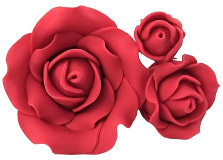 Sockerrosor, uppsättning av 3 blommor, tårtdekoration, topp, *Många färger att välja mellan* (röd)