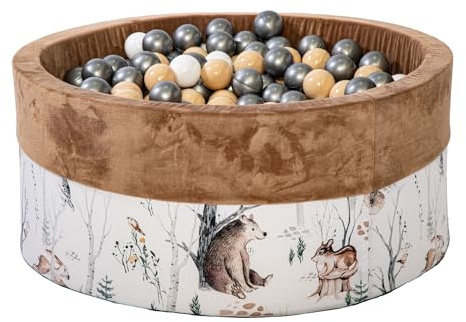 GoldenGroup Baby Forest Friends - Piscina de bolas (90 x 40 cm, con 150 bolas, redondas, de terciopelo y espuma), capuchino: plata, blanco, beige