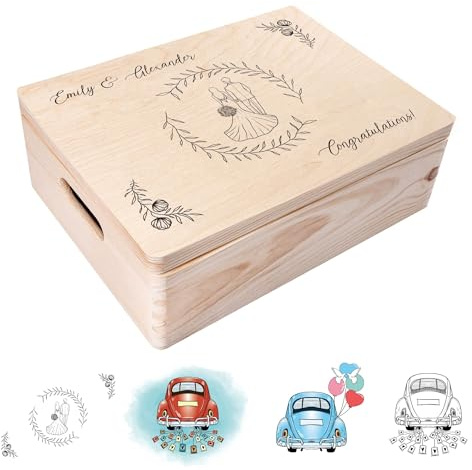 Creative Deco Geschenk zur Hochzeit Erinnerungsbox Hochzeit Personalisiert | Geschenkkiste für Brautpaar JGA | Mehrere Hochzeit Motiv | Holzkiste mit Deckel | Farbdruck | 40 x 30 x 14 cm
