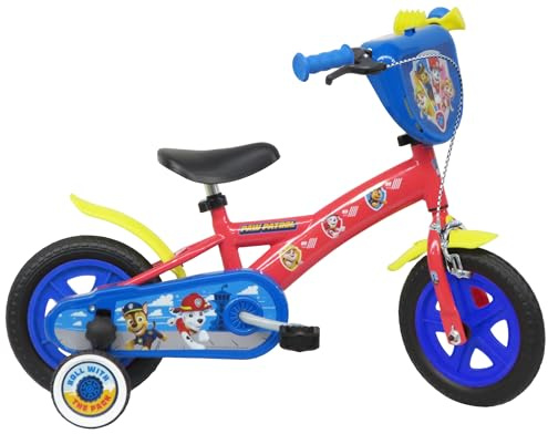 A.T.L.A.S. Vélo 10'' Enfant Pat Patrouille équipé de 1 Frein avec Plaque Avant décorative, Garde Boue, Carter, Roues bâtons & 2 stabilisateurs, Rouge identique aux Photos