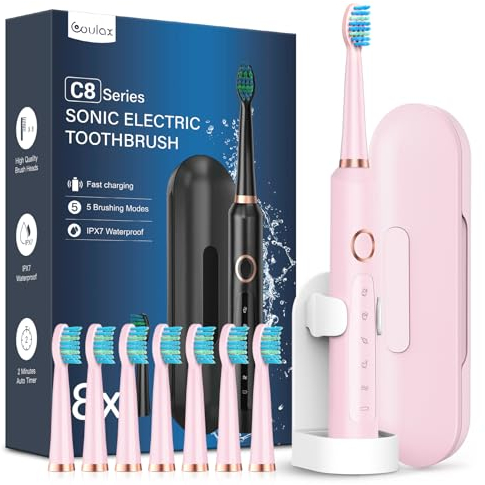 Spazzolino Elettrico Sonico con 8 Testine - Spazzolino Sonico Adulti Ricaricabile, Spazzolino Denti Elettrico con Custodia, 5 Modalità, Spazzolino Da Viaggio Ultrasonico, Rosa Ciliegia