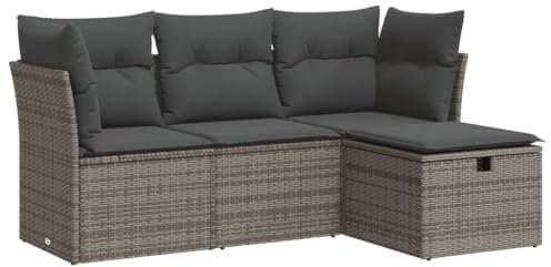 vidaXL 4-TLG. Garten-Sofagarnitur mit Kissen Grau Poly Rattan, Outdoor Sofa Set, Outdoor Sofagarnitur, Garten-Lounge-Set, Garten Sofagarnitur