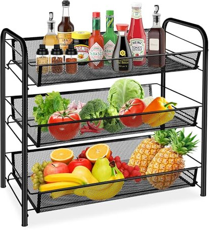 CVHOMEDECO. Corbeille à fruits rectangulaire à 3 niveaux en métal de grande capacité amovible pour comptoir de cuisine, pain, légumes, collations et fruits Noir