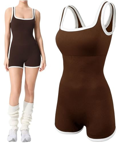 LEILEICAILI Combinaison côtelée sans manches à col carré, tenue moulante une pièce, short sans couture, body de Yoga de gymnastique(Brown,M)