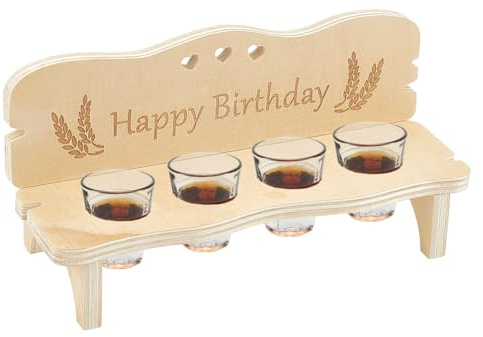 FINGERINSPIRE Wood Schnapps Bench Glass Holder with Happy Birthday Engraved Navajo White Wooden Shot Glass Holder 4-Holes Multi-Use Display Stands for Wine Glasses Beer Tasting Bar Birthday Party
