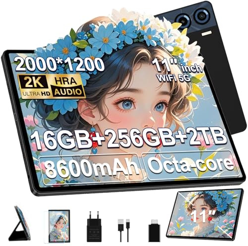 GOODTEL Tablet Android Octa Core da 11 pollici con 16 GB di RAM + 256 GB di ROM (1TB TF) |5G + 2,4G WiFi| 8600 mAh |13MP + 5MP, tablet touch con custodia - Nero