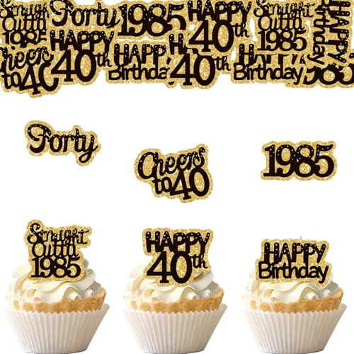 ENLACE Essbare Tortendeko 40 Geburtstag Männer Frauen,48 Stk Muffin Deko 40. Geburtstag Frauen Deko,Esspapier 40 Geburtstag Deko Torte,Essbar Cheers to 40 Kuchendeko 40. Geburtstag Cupcake Topper 1985