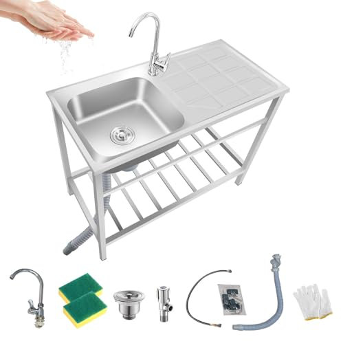 Lavabo portatile da esterno in acciaio inox con rubinetto per lavanderia, terrazza e garage. Lavandino autoportante da giardino facile da pulire Ideale per campeggio e gr