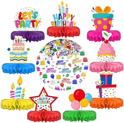 ZABARE 9 Stück Geburtstag Bienenwabe Tischdeko,15g Bunte Happy Birthday Tischdeko,Waben Tischdekoration Party Deko,Geburtstag Tischaufsätze Party Tischdeko