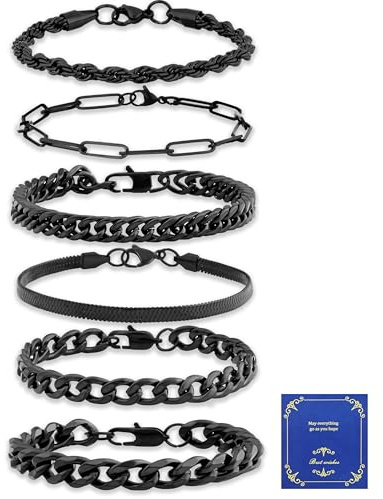AWARDSEN Black Bracelet Black Chain Cuban Link Chain 6PCS Bracelet Gift for Men Him Dad Boyfriends Husband 7.5 inches