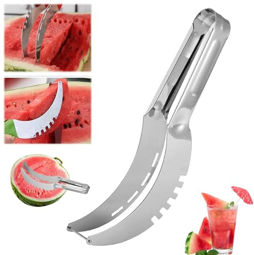 Watermelon Cutter, Stainless Steel Watermelon Slicer, Melon Fruit Cutter Slicer Tool with Cutting Fork, Multifunctional Kitchen Gadget for Watermelon, Cantaloupe, Papaya, Dragon Fruit (Silver)
