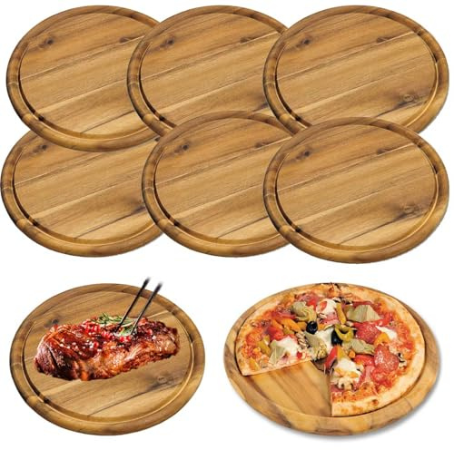 LS-LebenStil 6x Holz Fleischteller 25cm Rund FSC Akazie - Set - 6 Stück - Schneidebrett mit Saftrille Vesperbrett Brotzeitbrett Servierteller Pizzateller Käsebrett Holzbrett