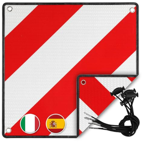 Yugodex 3in1 Warntafel Aluminium für Italien und Spanien & Portugal, Warnschild 50x50 cm inklusive 4X Spanngurte, Reflektierend, für Heckträger Fahrradträger Wohnmobil