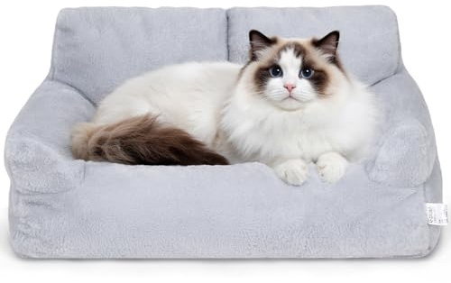 The Fellie Calming Cat Sofa Bed, Soft Plush Kitten Bed with Non-Slip Bottom, Fluffy Cat Beds for Indoor Cats, Washable Small Dog Beds with Removable Cover, Supportive Dog Sofa, Grey, 55x38x18cm